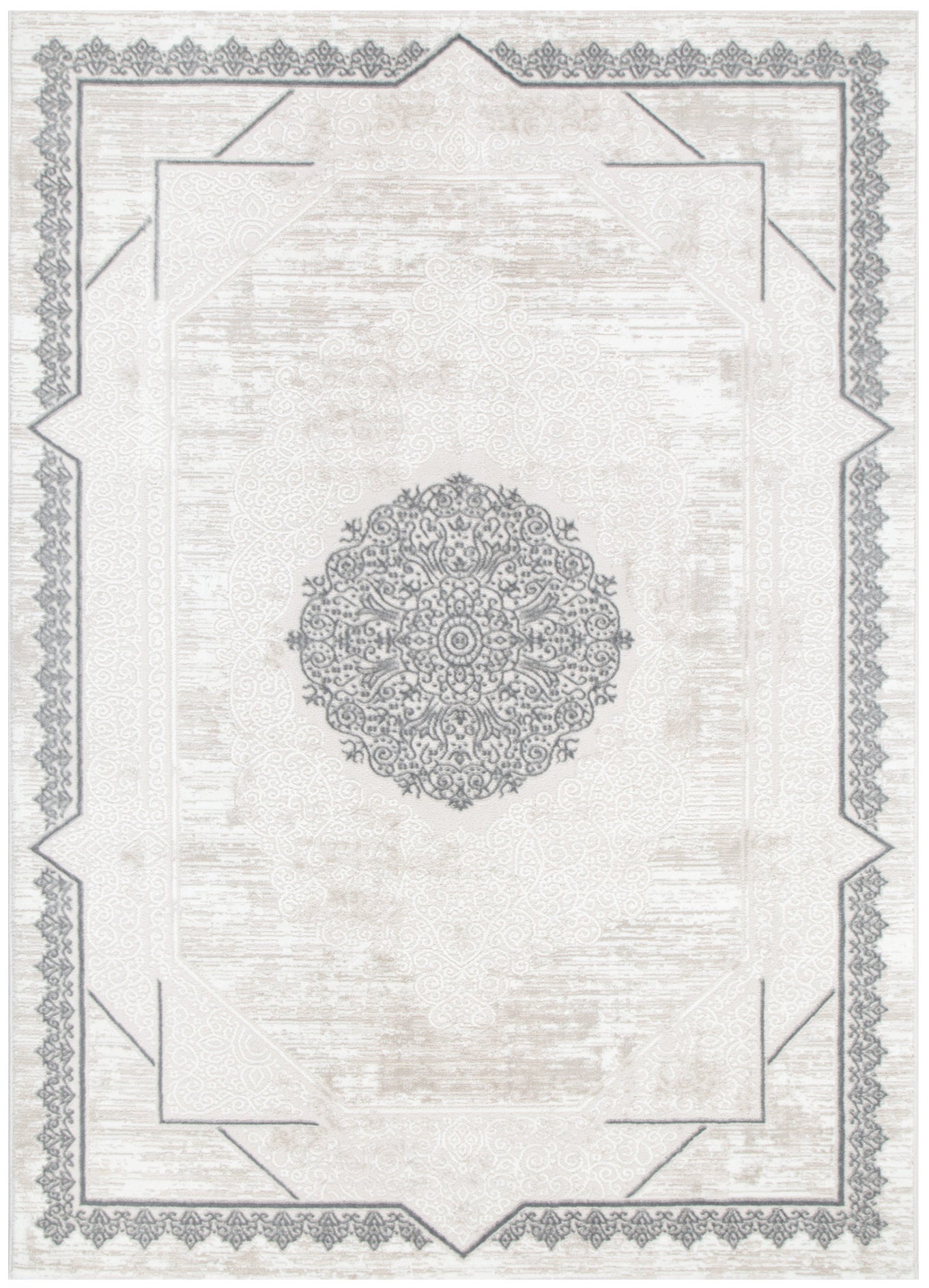 Amalfi Oriental Border Medallion Cream Grey Rug - AMAL07